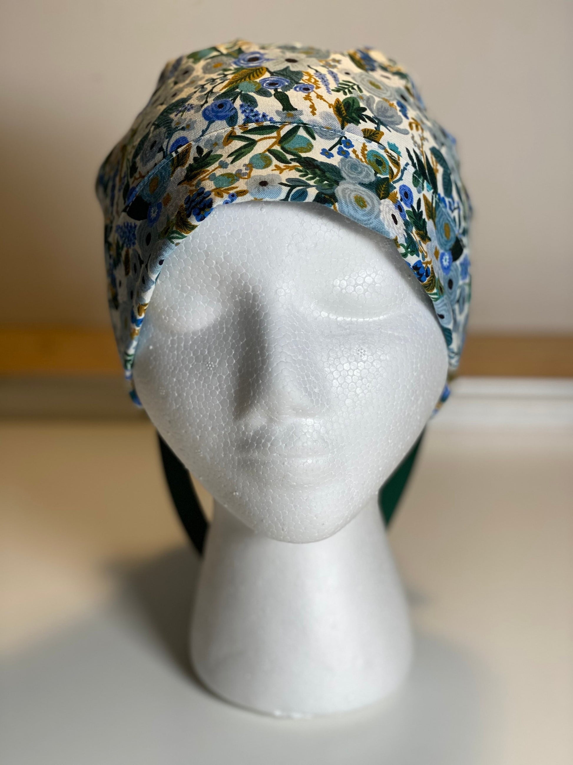 Petite blue garden party scrub hat, Rifle paper fabric surgical hat, Bonnet Head Designs