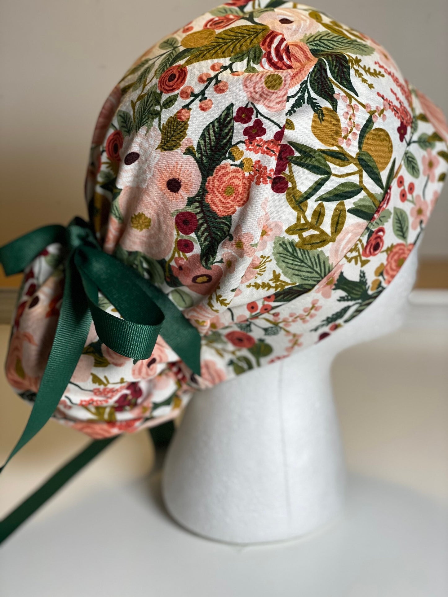 pink garden party fabric scrub hat, pink garden party ponytail cap, Bonnet Head Designs