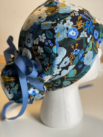 Garden party blue scrub hat, blue garden party scrub hat, black floral hat, Bonnet Head Designs