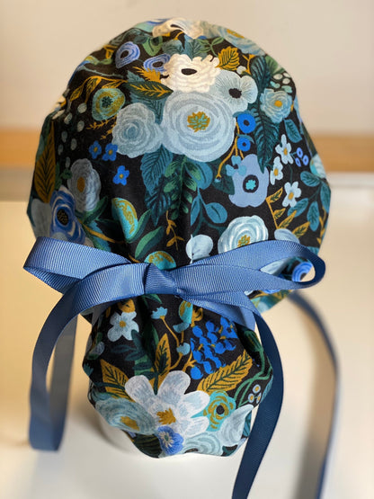 Garden party blue scrub hat, blue garden party scrub hat, black floral hat, Bonnet Head Designs