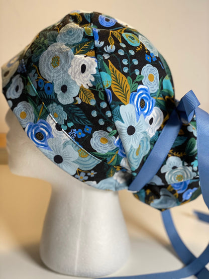 Garden party blue scrub hat, blue garden party scrub hat, black floral hat, Bonnet Head Designs