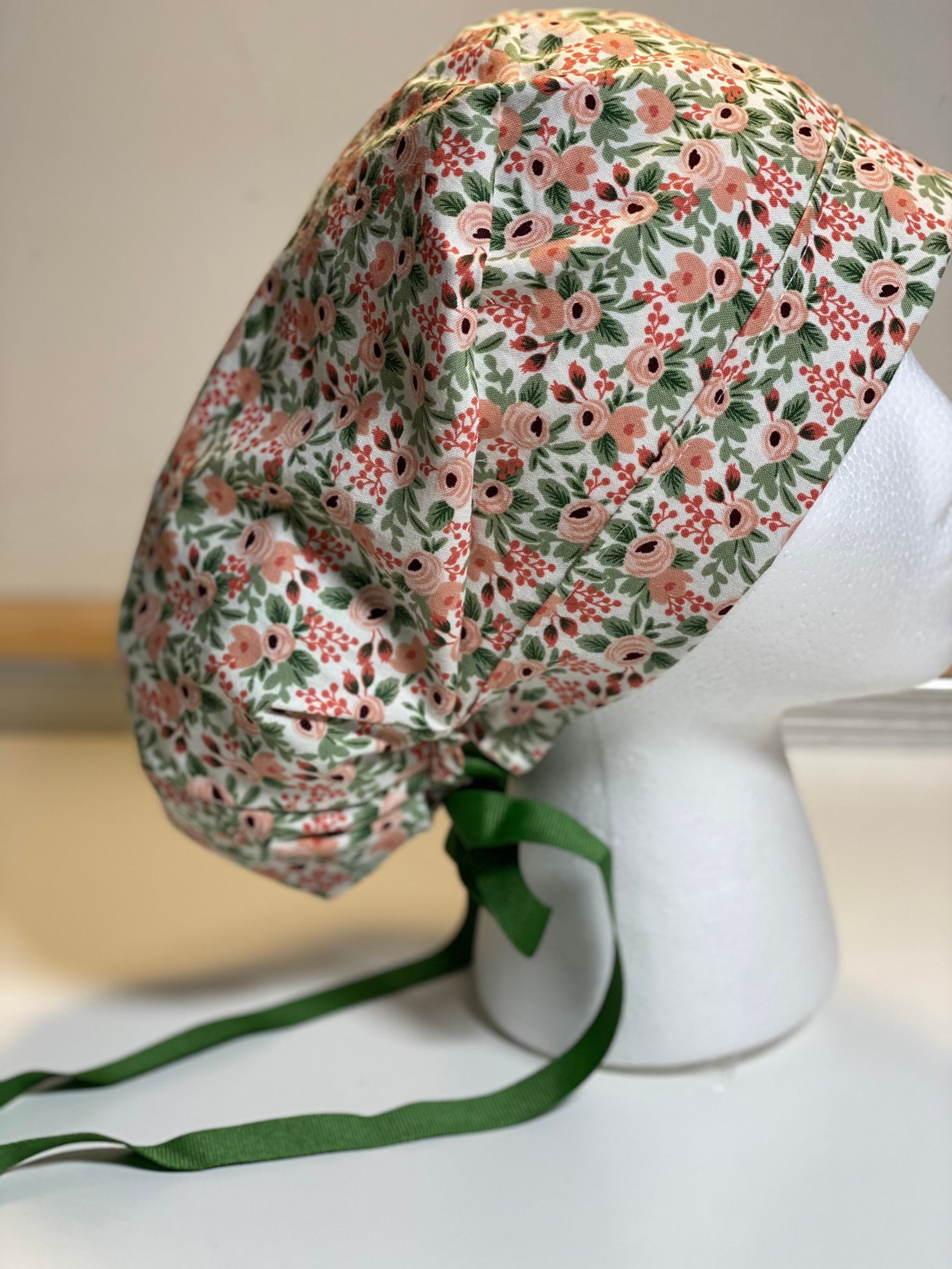 Modern pink floral scrub hat, rifle paper co rosa fabric ponytail surgical hat, Bonnet Head Designs