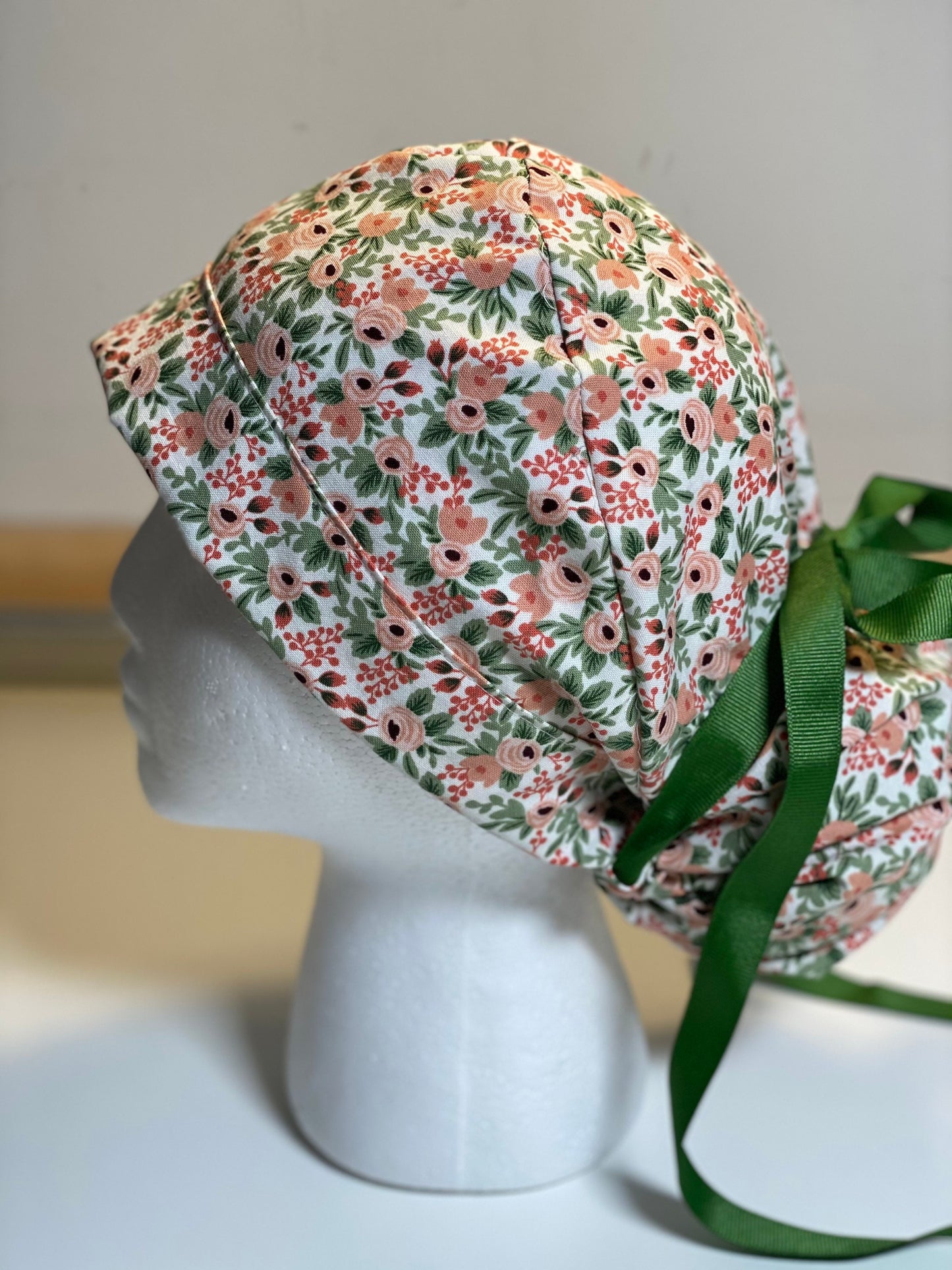 Modern pink floral scrub hat, rifle paper co rosa fabric ponytail surgical hat, Bonnet Head Designs