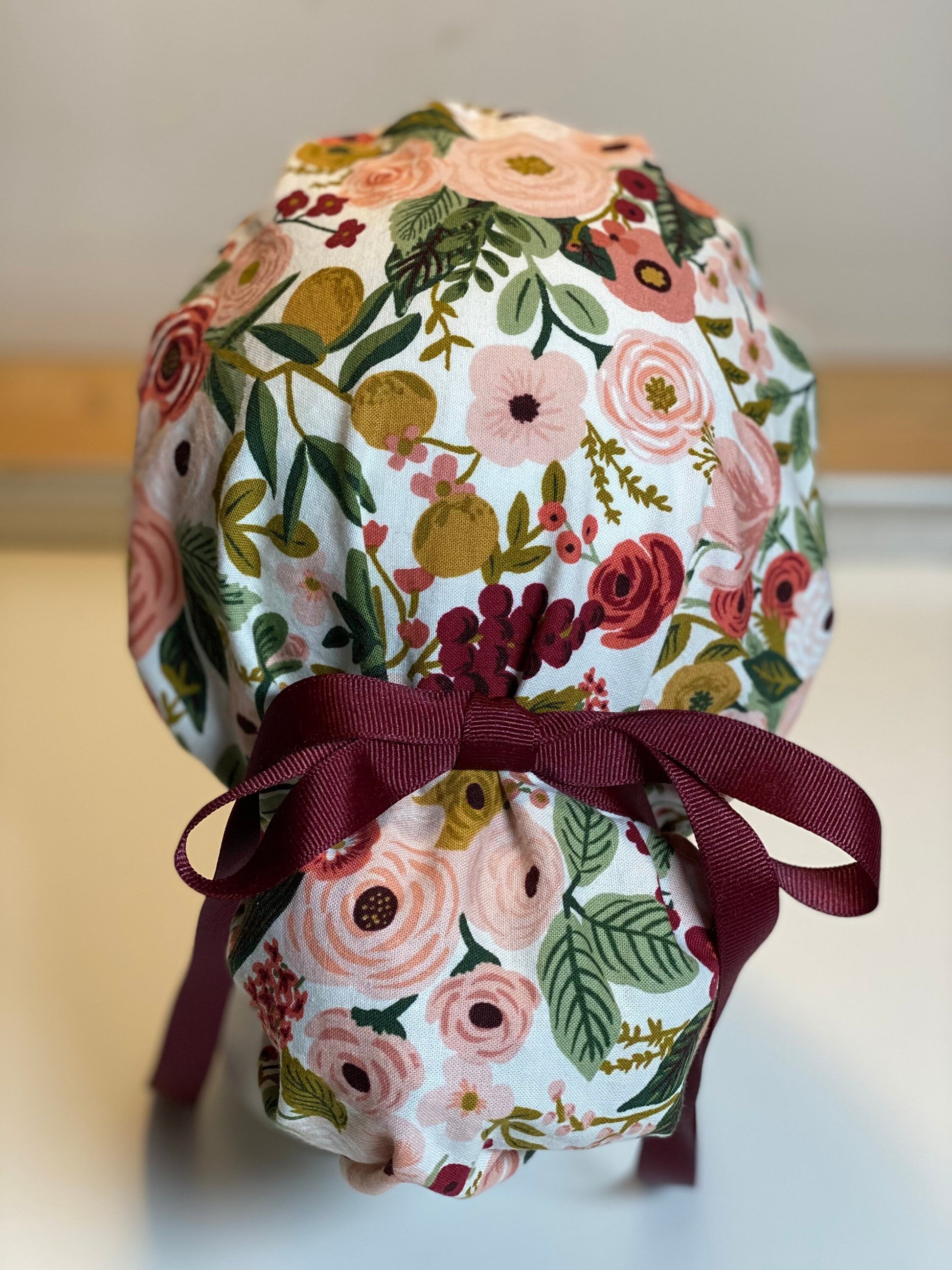 Pink garden party fabric scrub hat, pink garden party ponytail cap, blush pink floral scrub hat Bonnet Head Designs