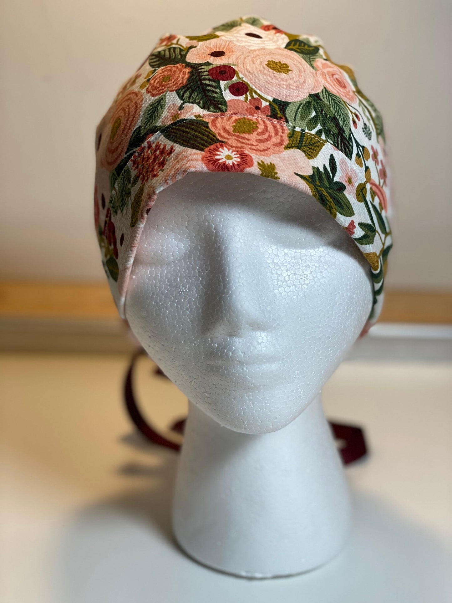 Pink garden party fabric scrub hat, pink garden party ponytail cap, blush pink floral scrub hat Bonnet Head Designs