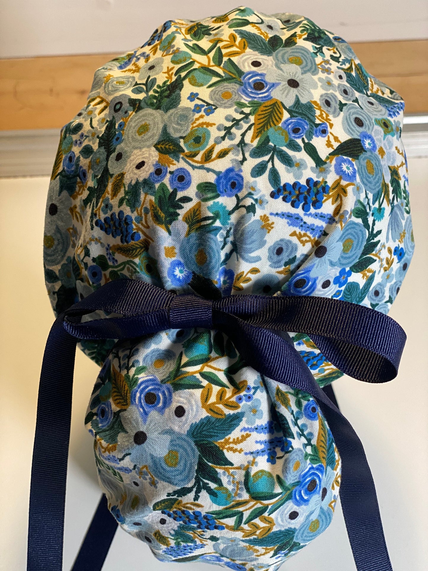 Rifle paper fabric ponytail scrub hat, petite garden party blue surgical cap, Bonnet Head Designs