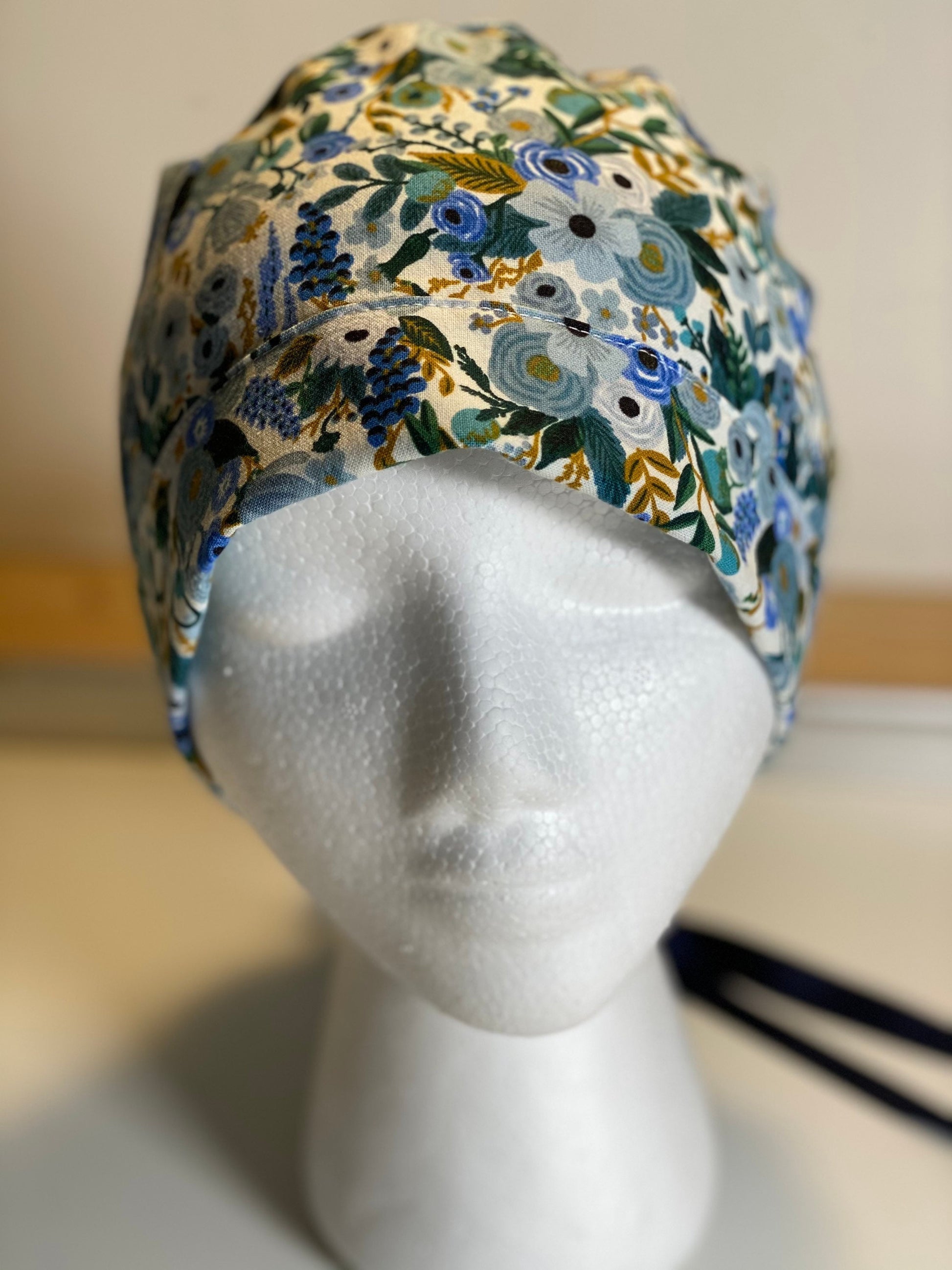 Rifle paper fabric ponytail scrub hat, petite garden party blue surgical cap, Bonnet Head Designs