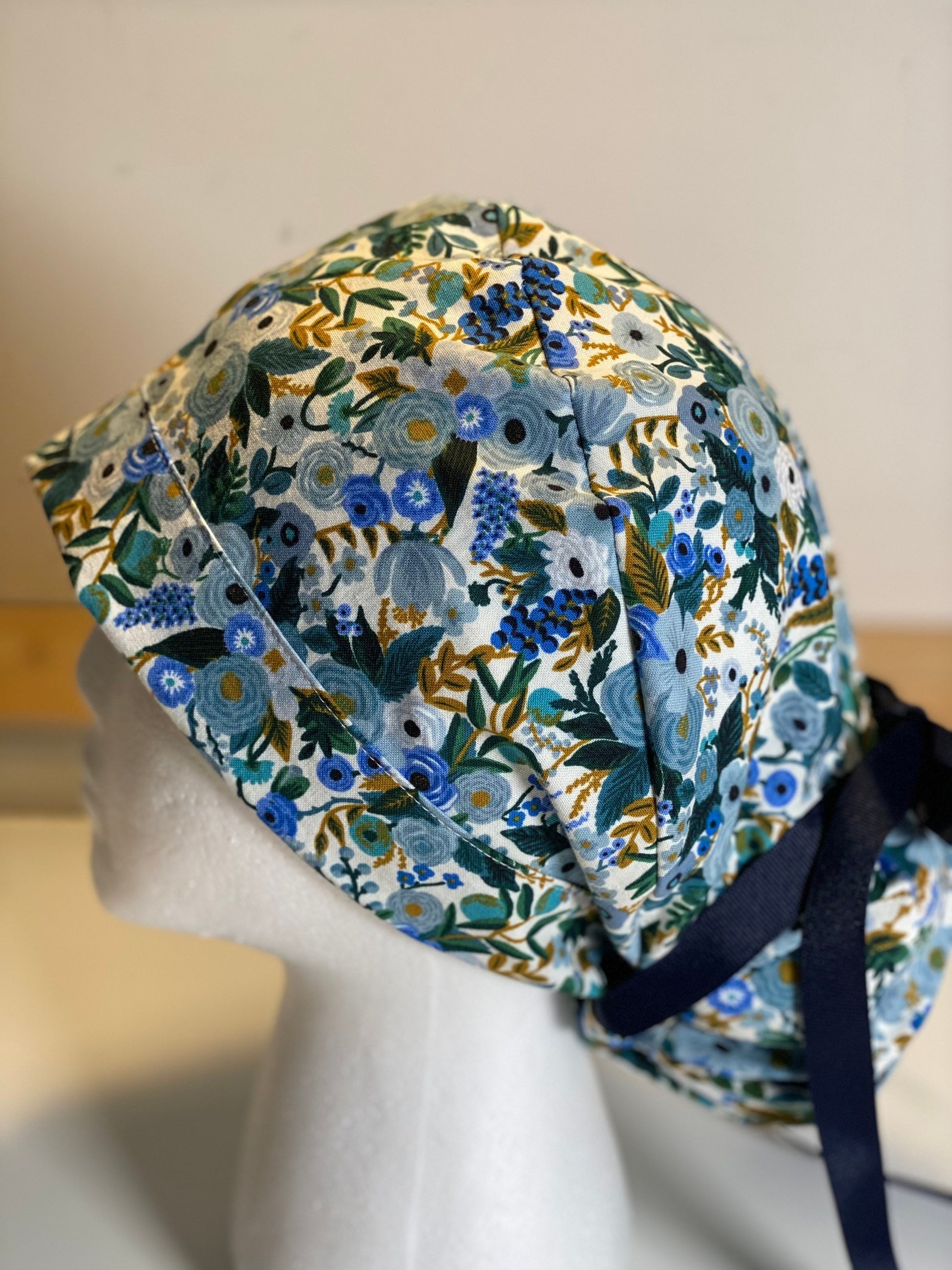 Rifle paper fabric ponytail scrub hat, petite garden party blue surgical cap, Bonnet Head Designs