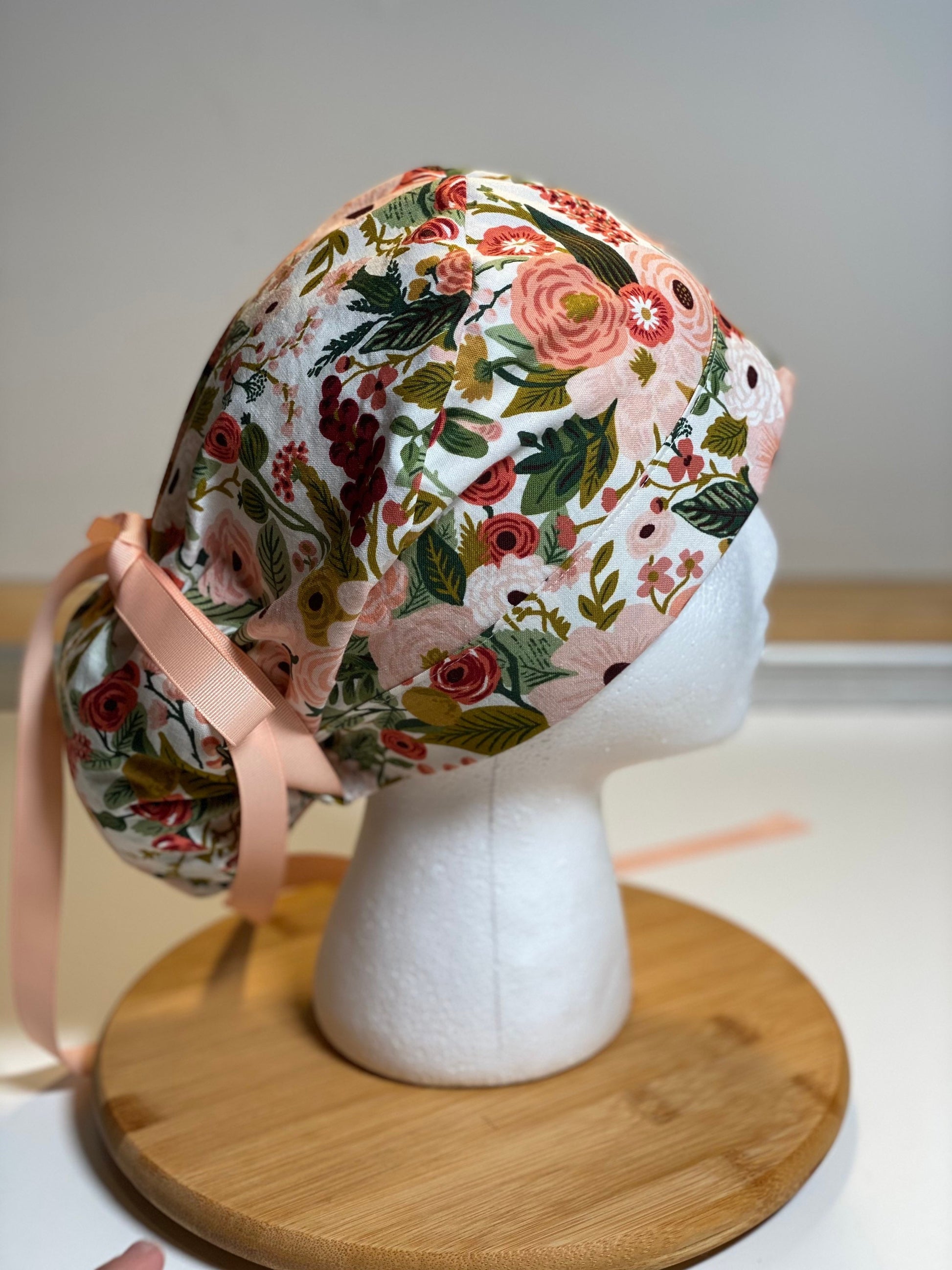 Pink garden party hat, pink floral scrub hat, pink flower ponytail scrub hat, Bonnet Head Designs