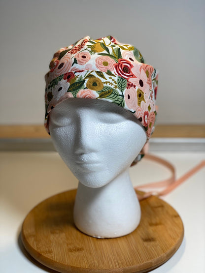 Pink garden party hat, pink floral scrub hat, pink flower ponytail scrub hat, Bonnet Head Designs