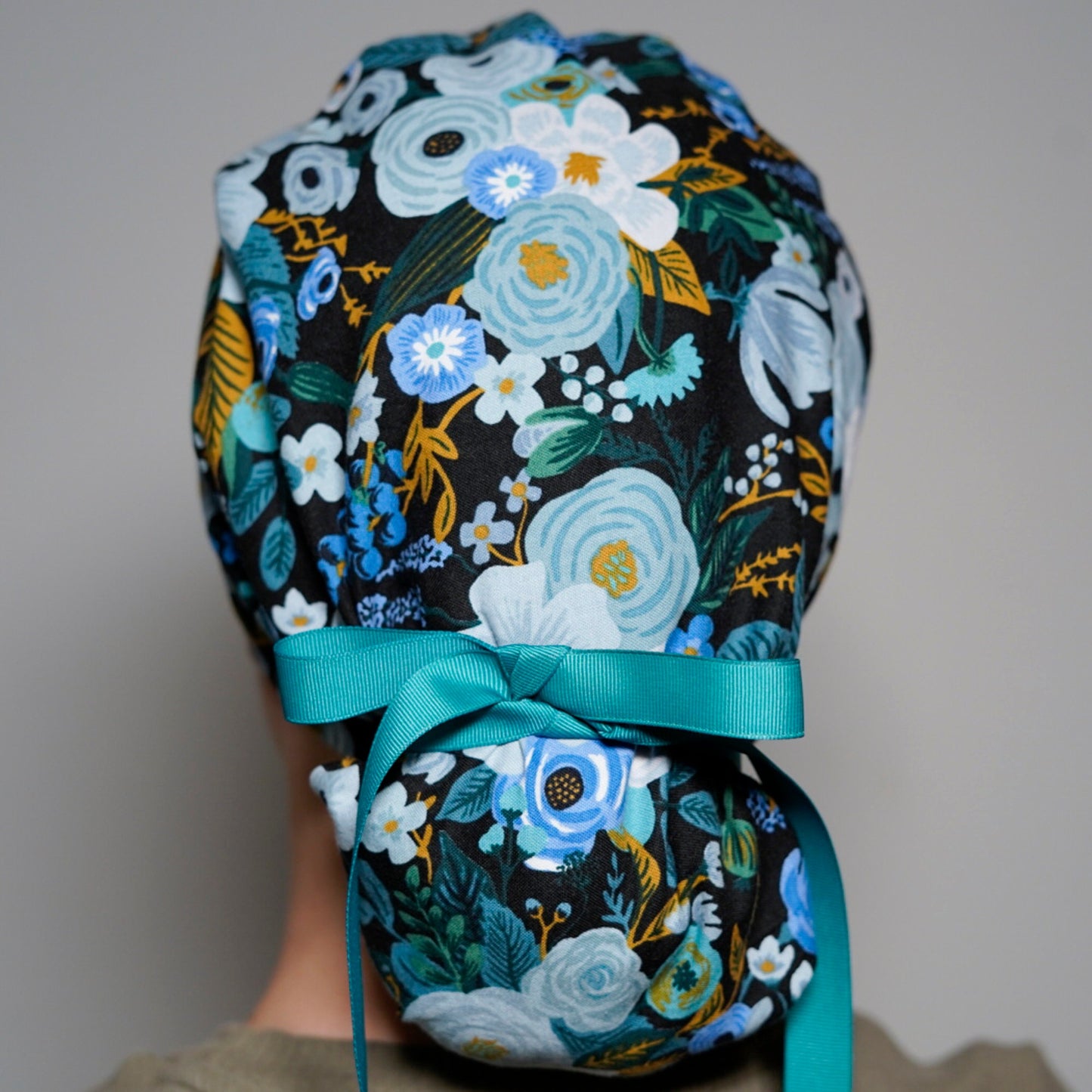 Garden party blue scrub hat, modern blue floral surgical hat, Bonnet Head Designs