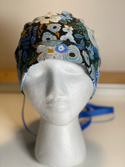 Navy garden party floral scrub hat, blue garden party surgical hat, Bonnet Head Designs