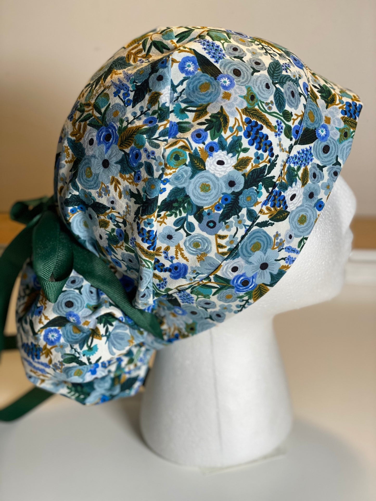 Petite blue garden party scrub hat, Rifle paper fabric surgical hat, Bonnet Head Designs