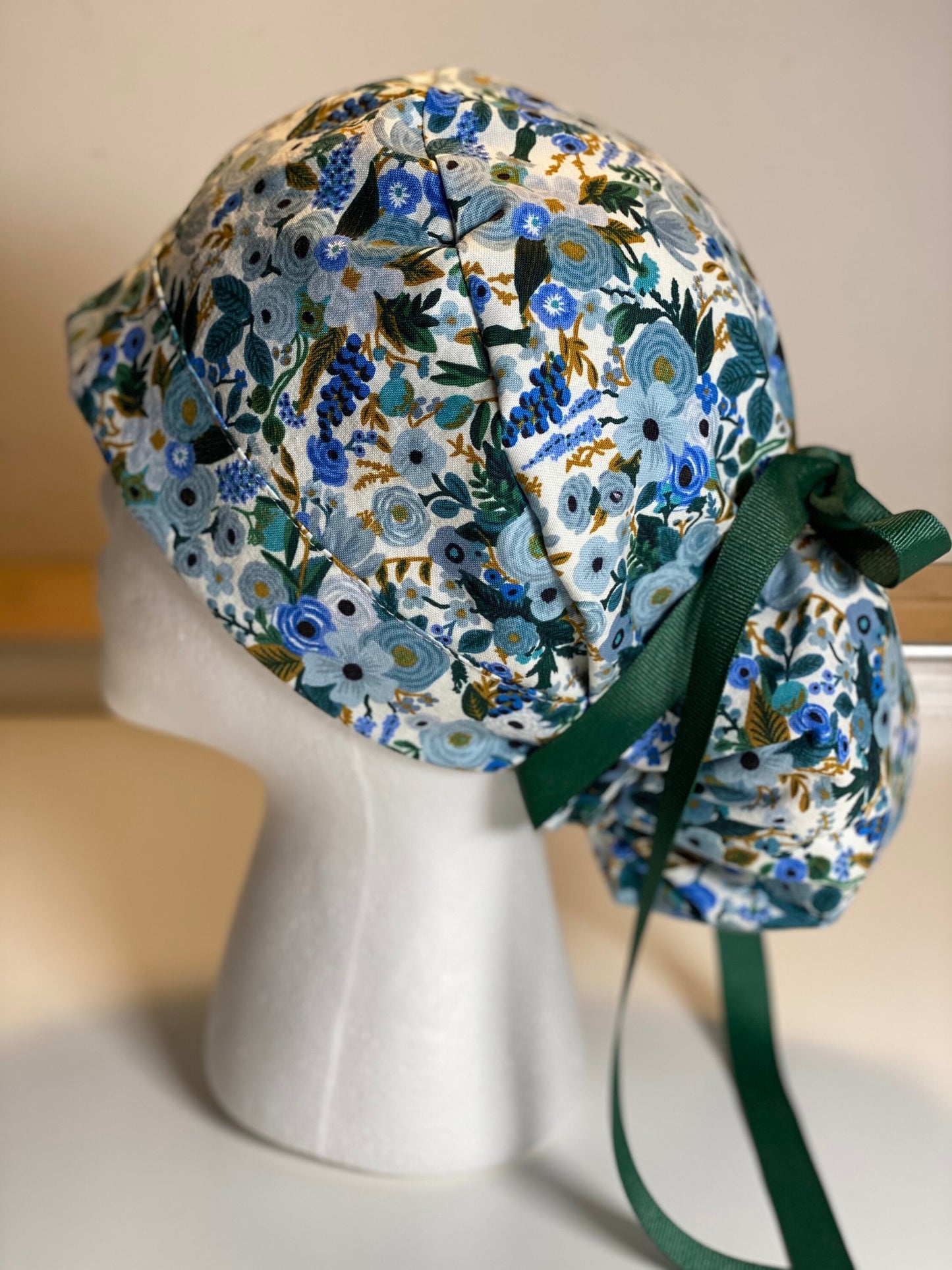 Petite blue garden party scrub hat, Rifle paper fabric surgical hat, Bonnet Head Designs