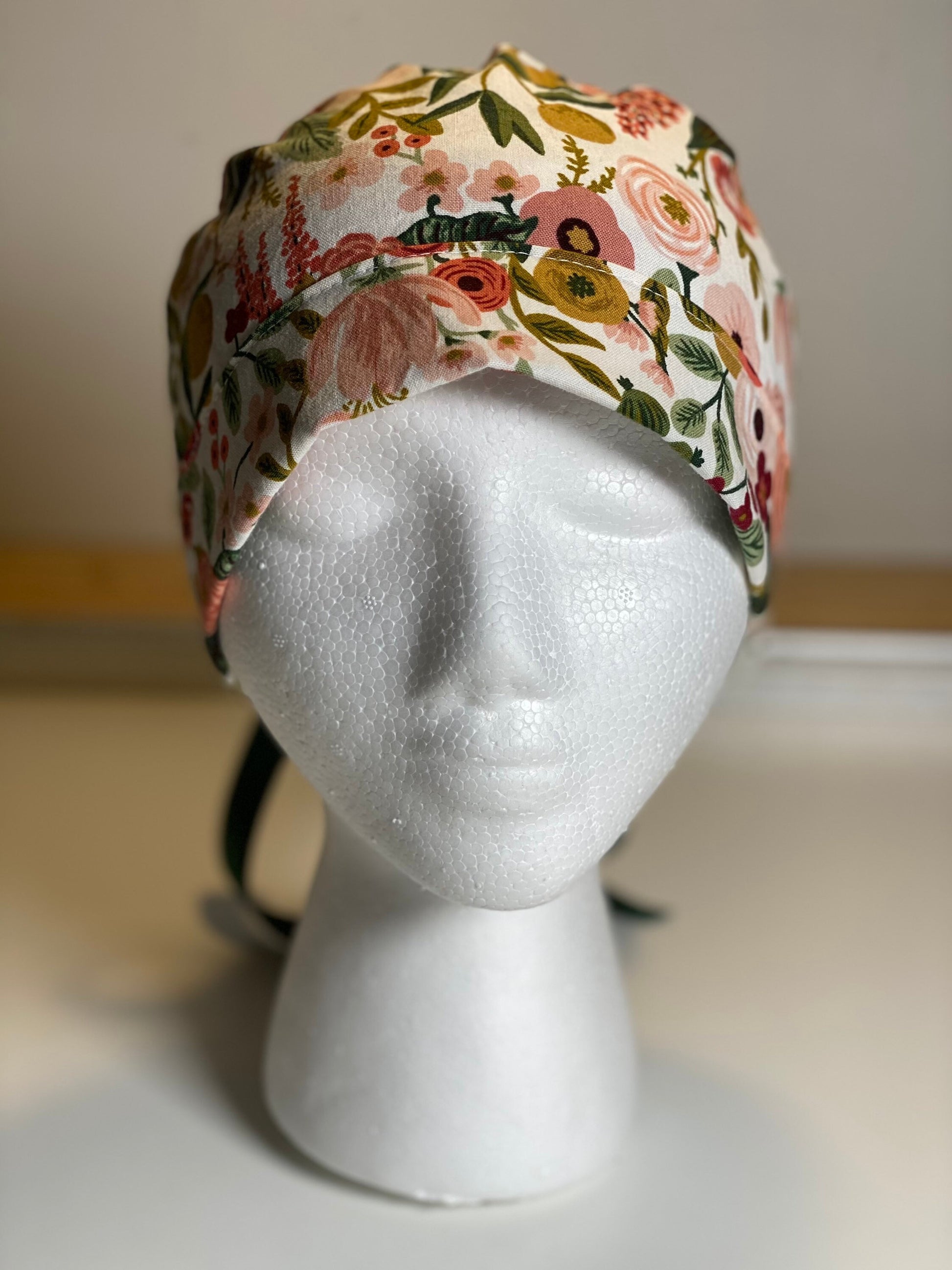 pink garden party fabric scrub hat, pink garden party ponytail cap, Bonnet Head Designs