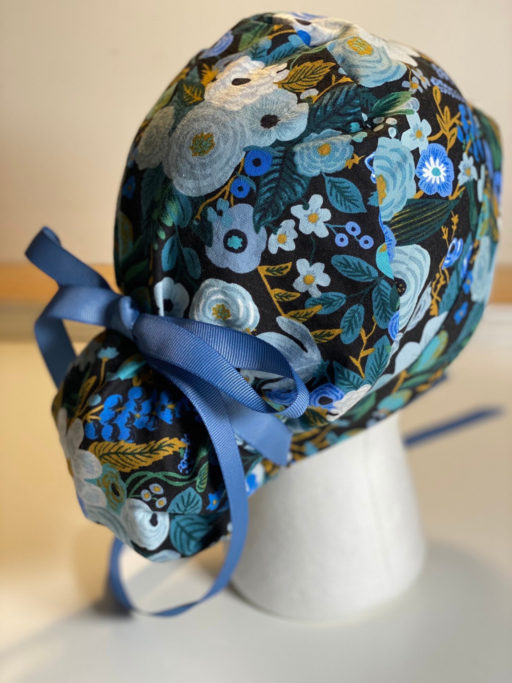 Garden party blue scrub hat, blue garden party scrub hat, black floral hat, Bonnet Head Designs