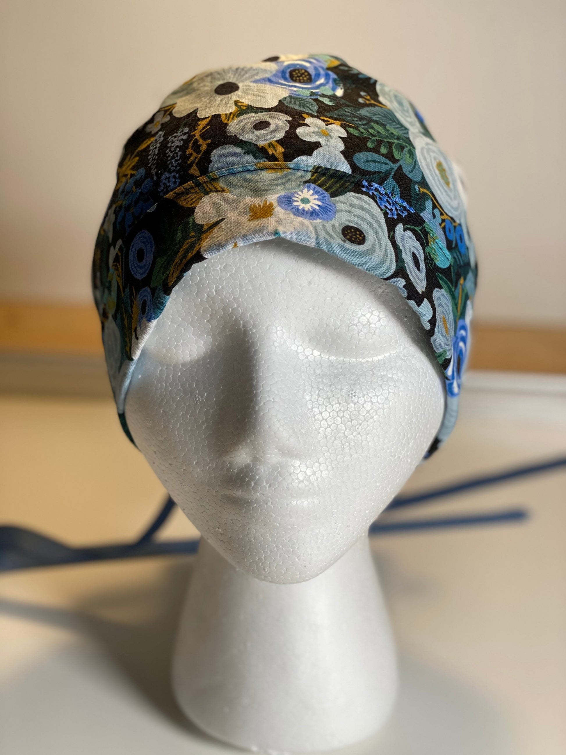 Garden party blue scrub hat, blue garden party scrub hat, black floral hat, Bonnet Head Designs