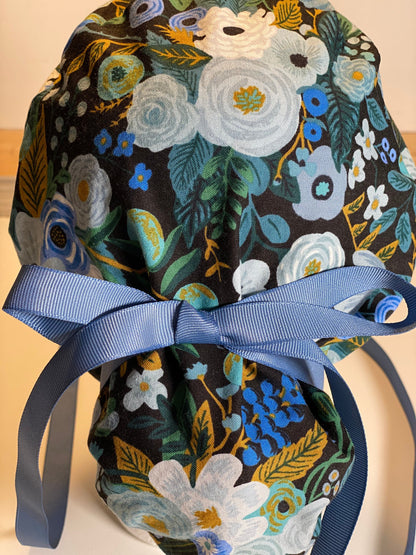 Garden party blue scrub hat, blue garden party scrub hat, black floral hat, Bonnet Head Designs