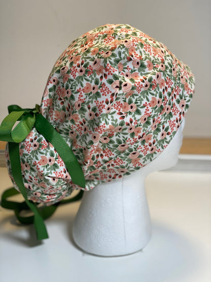 Modern pink floral scrub hat, rifle paper co rosa fabric ponytail surgical hat, Bonnet Head Designs