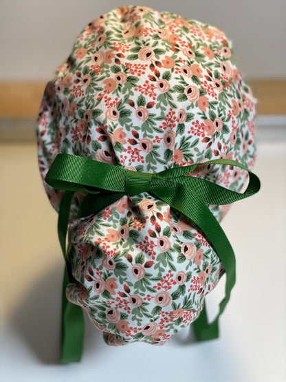 Modern pink floral scrub hat, rifle paper co rosa fabric ponytail surgical hat, Bonnet Head Designs