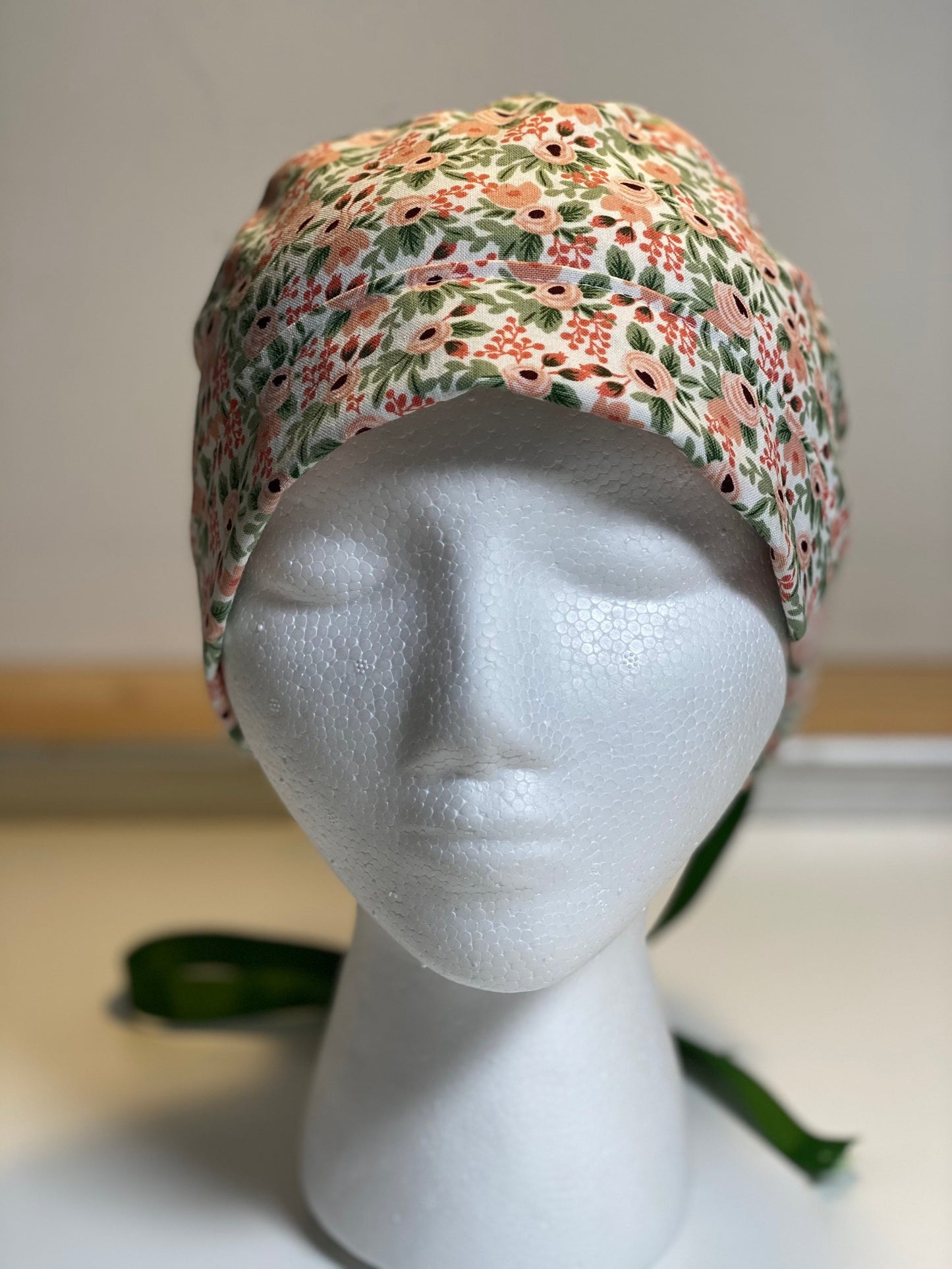 Modern pink floral scrub hat, rifle paper co rosa fabric ponytail surgical hat, Bonnet Head Designs