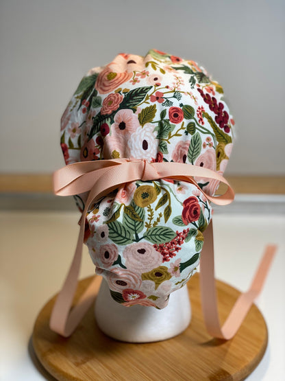 Pink garden party hat, pink floral scrub hat, pink flower ponytail scrub hat, Bonnet Head Designs