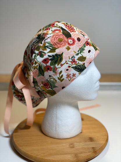 Pink garden party hat, pink floral scrub hat, pink flower ponytail scrub hat, Bonnet Head Designs