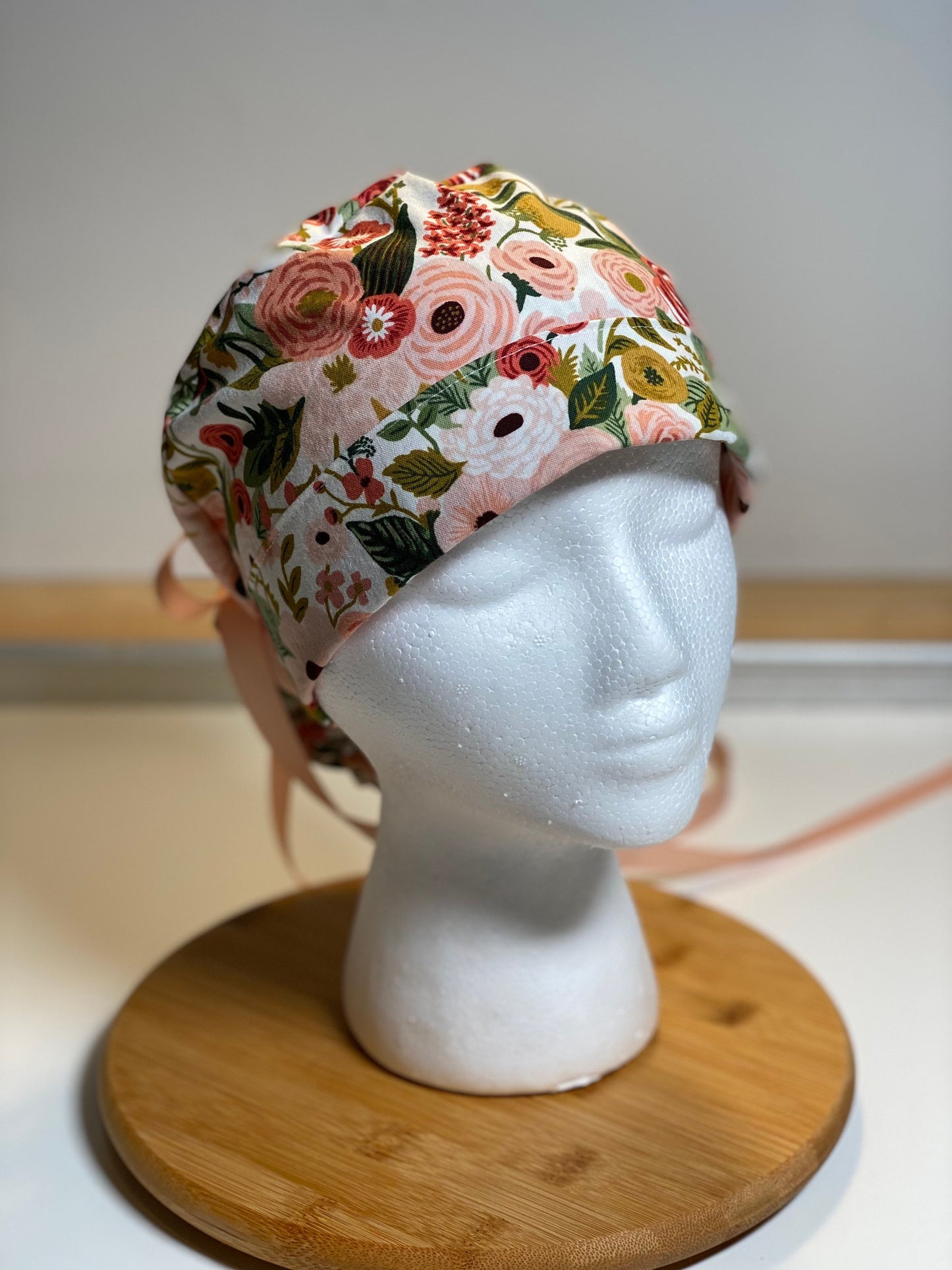 Pink garden party hat, pink floral scrub hat, pink flower ponytail scrub hat, Bonnet Head Designs