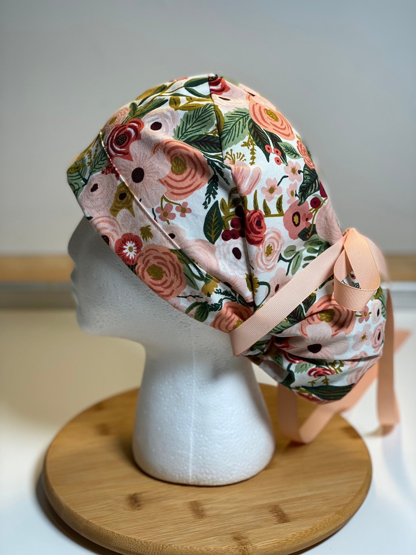 Pink garden party hat, pink floral scrub hat, pink flower ponytail scrub hat, Bonnet Head Designs