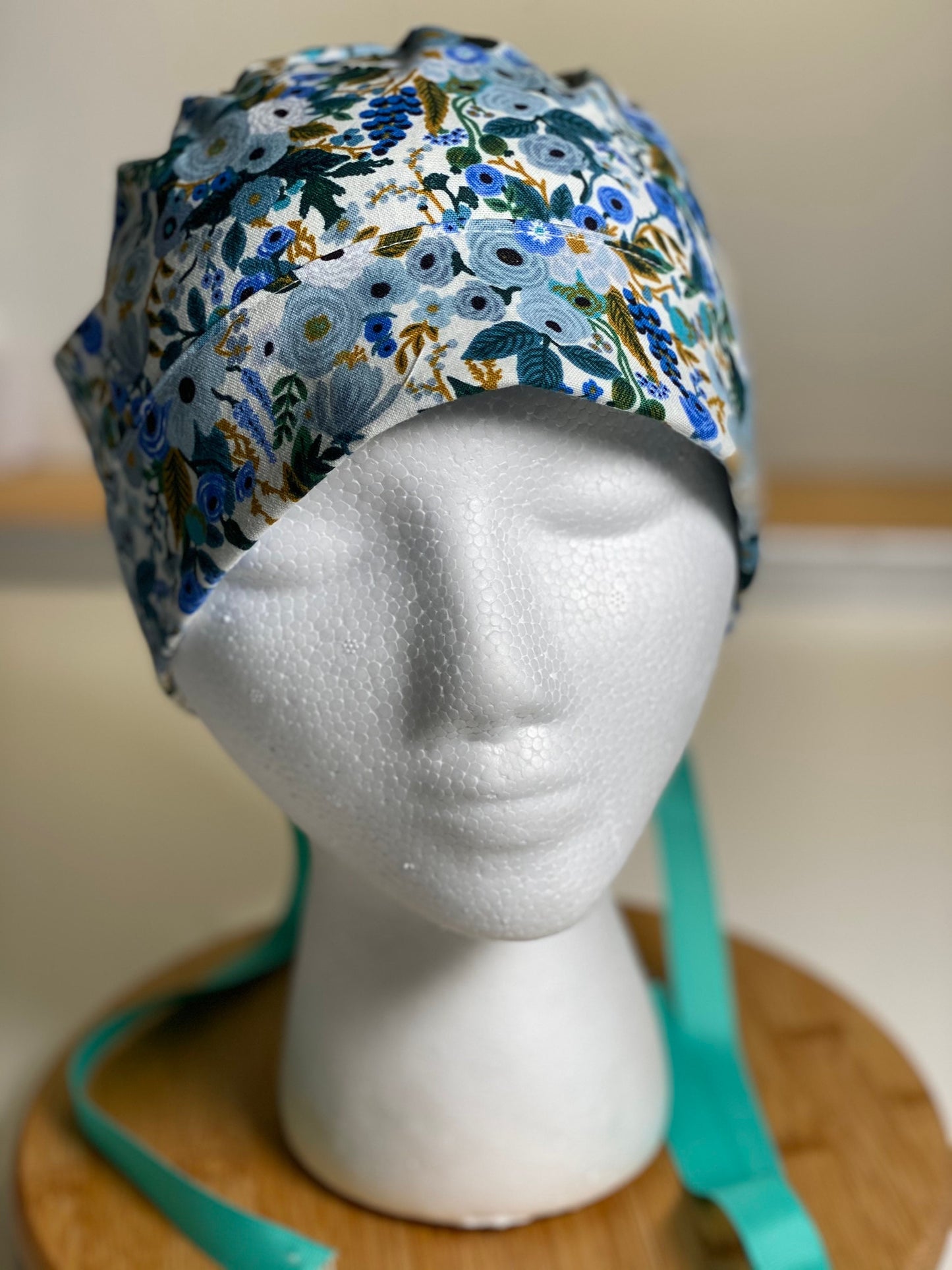 Petite blue garden party scrub hat, blue floral surgical cap, Bonnet Head Designs