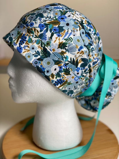 Petite blue garden party scrub hat, blue floral surgical cap, Bonnet Head Designs