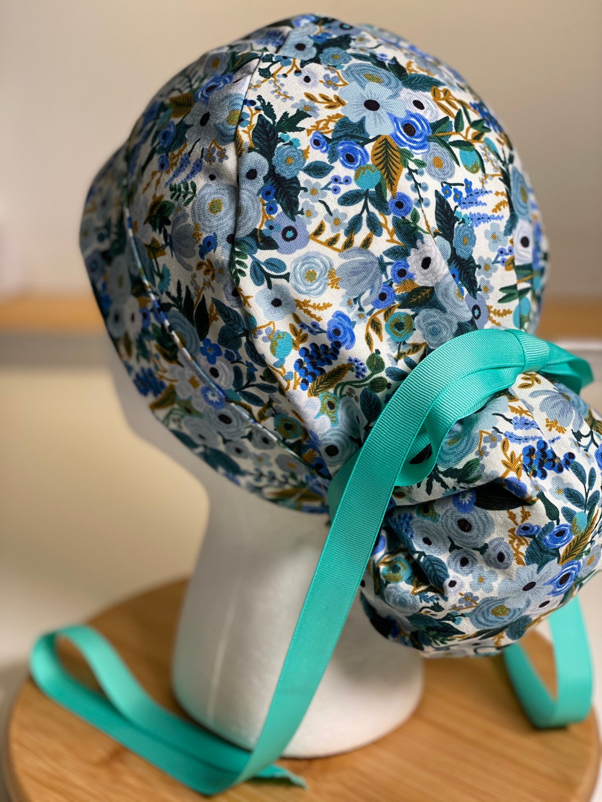 Petite blue garden party scrub hat, blue floral surgical cap, Bonnet Head Designs