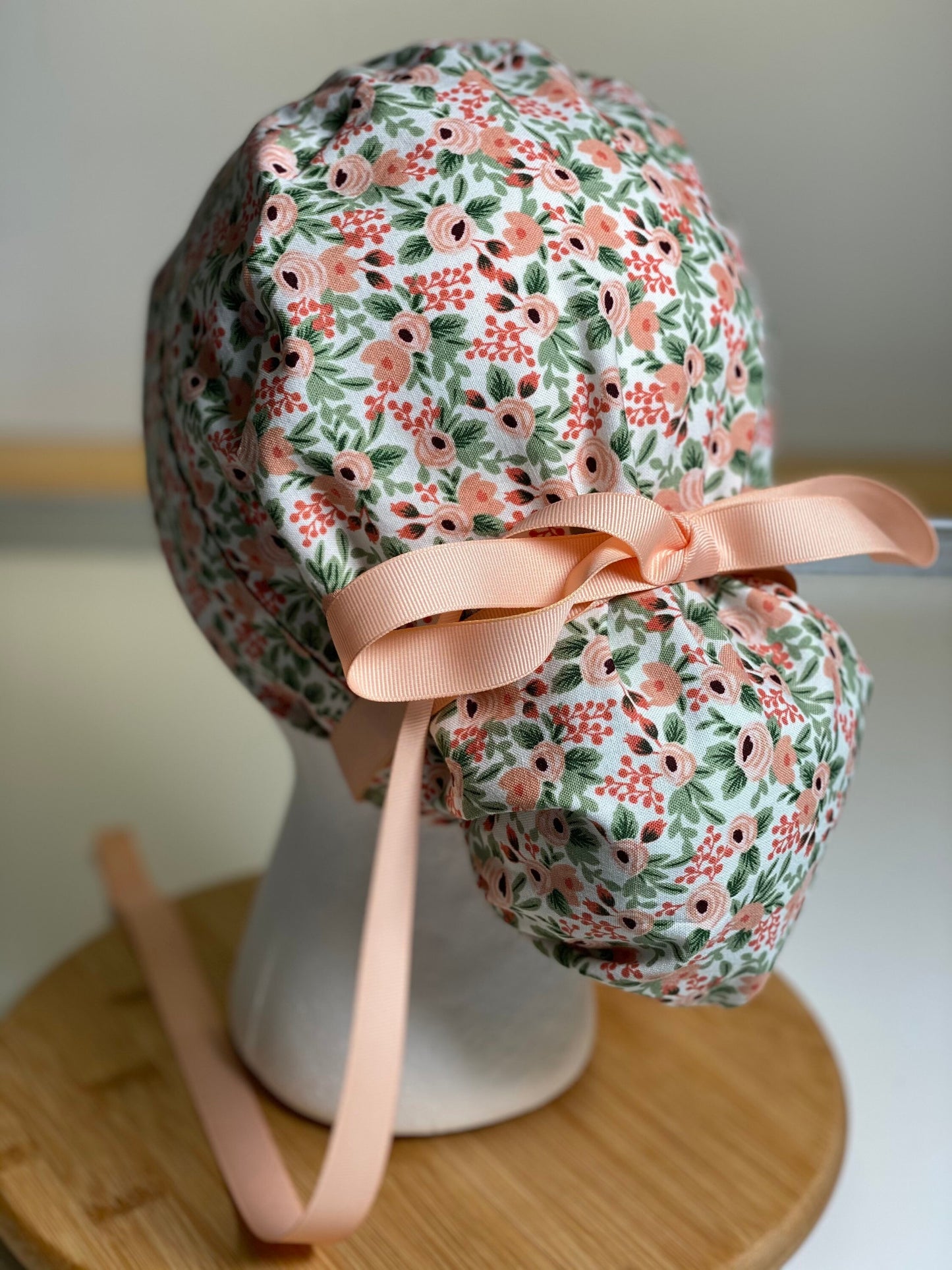 pink floral scrub hat, rifle paper co rosa blush fabric ponytail surgical hat, Bonnet Head Designs