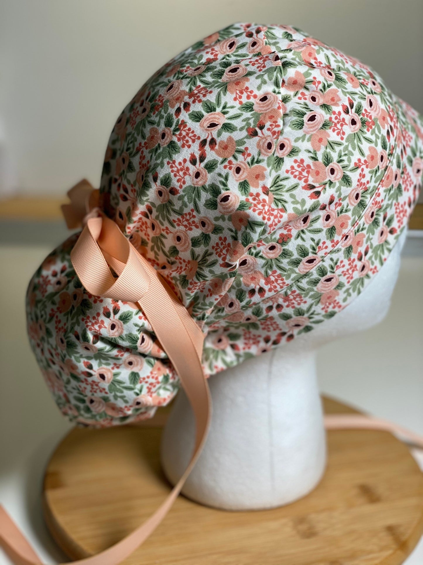 pink floral scrub hat, rifle paper co rosa blush fabric ponytail surgical hat, Bonnet Head Designs