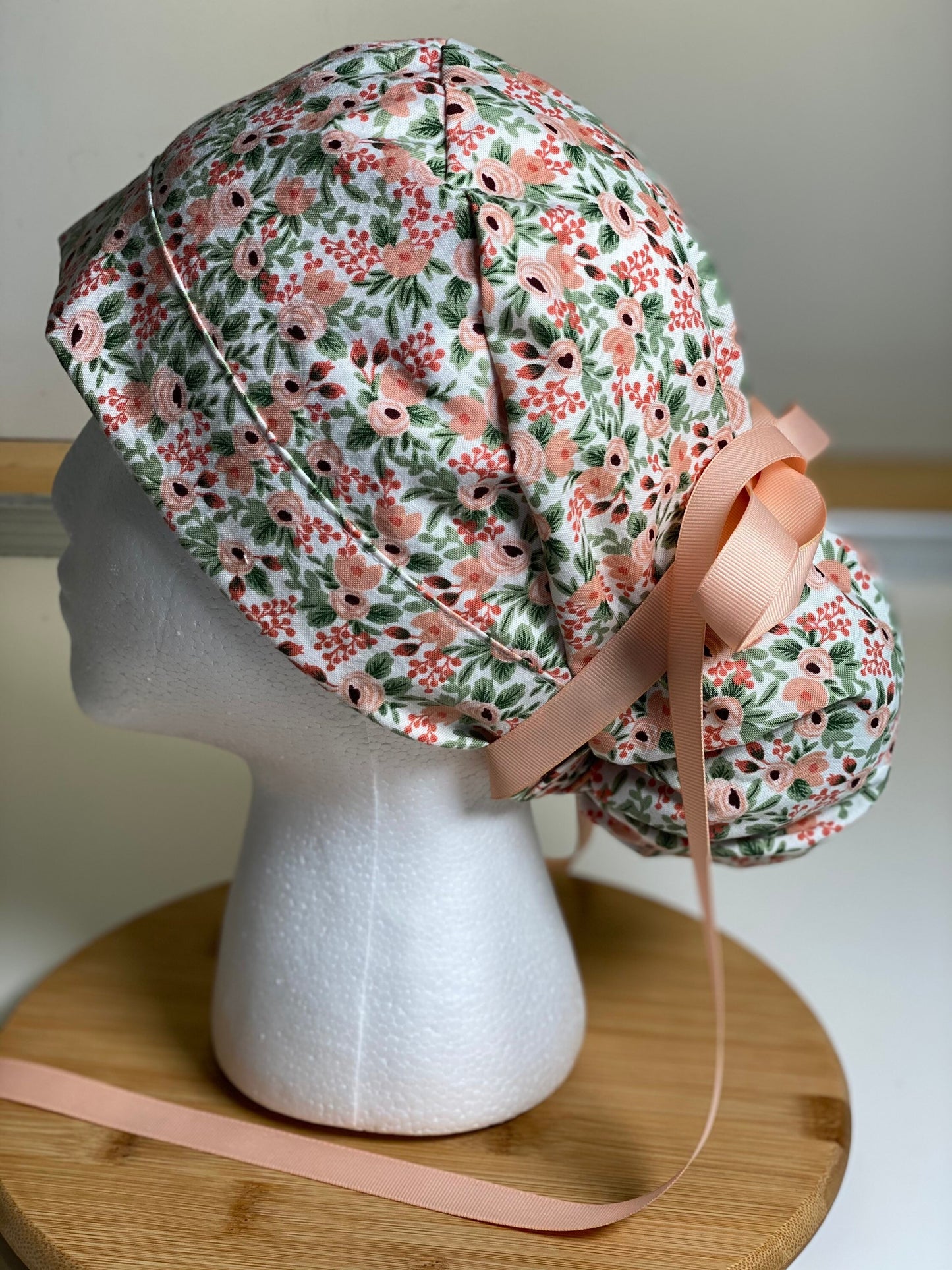 pink floral scrub hat, rifle paper co rosa blush fabric ponytail surgical hat, Bonnet Head Designs