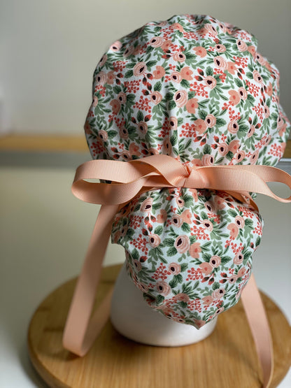 pink floral scrub hat, rifle paper co rosa blush fabric ponytail surgical hat, Bonnet Head Designs