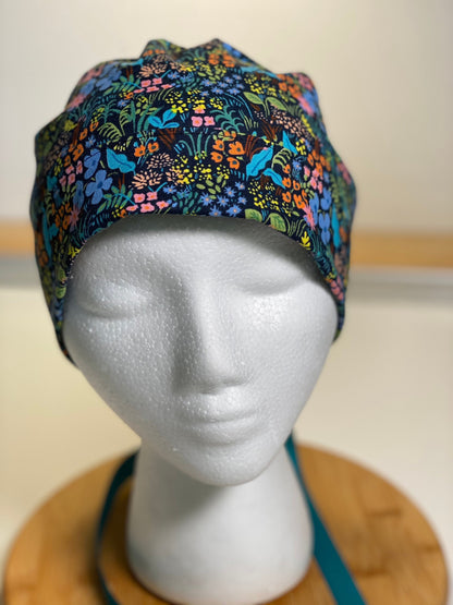 Navy meadow scrub cap, navy meadow with teal ribbon scrub hat, Bonnet Head Designs