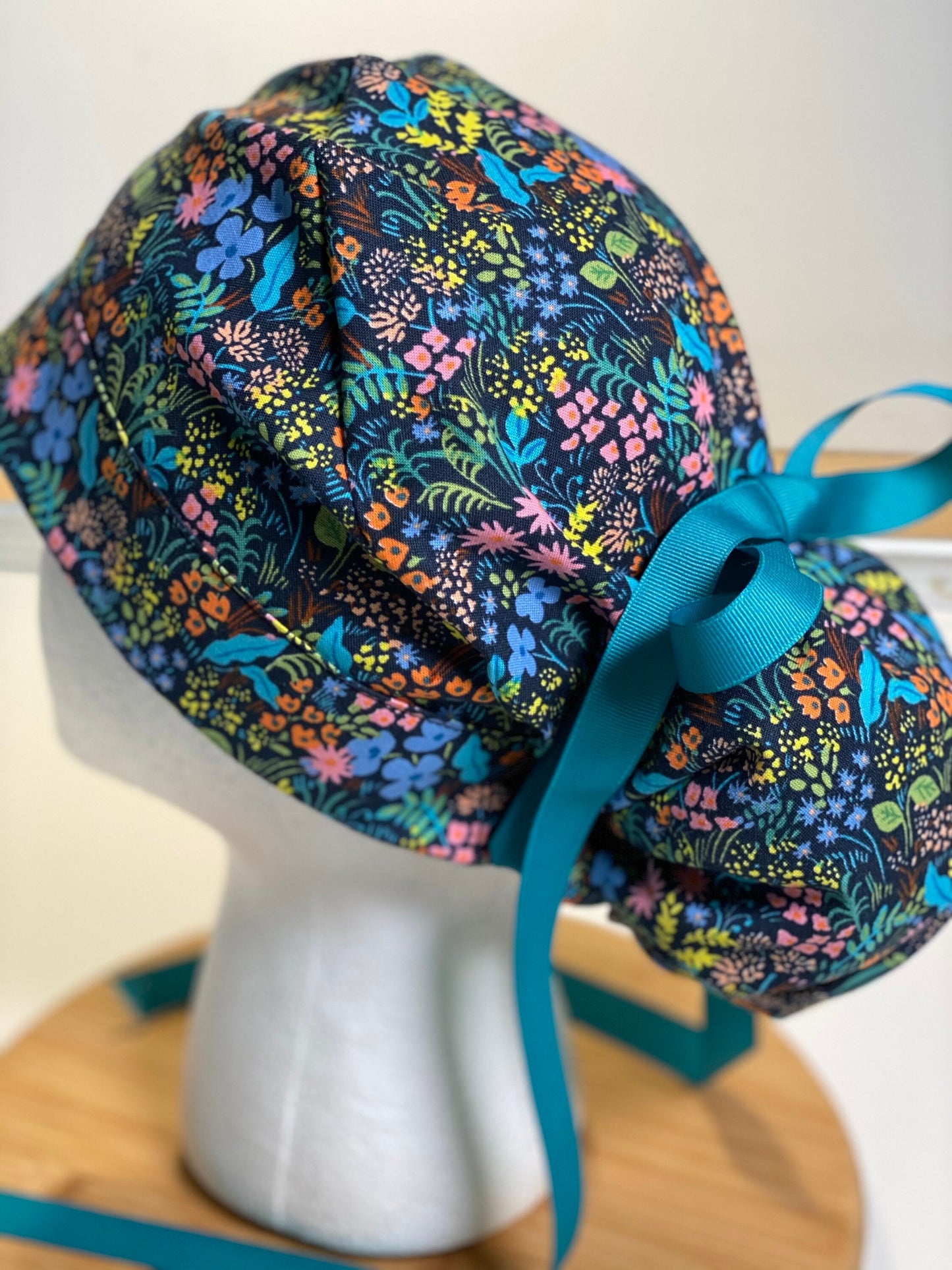 Navy meadow scrub cap, navy meadow with teal ribbon scrub hat, Bonnet Head Designs