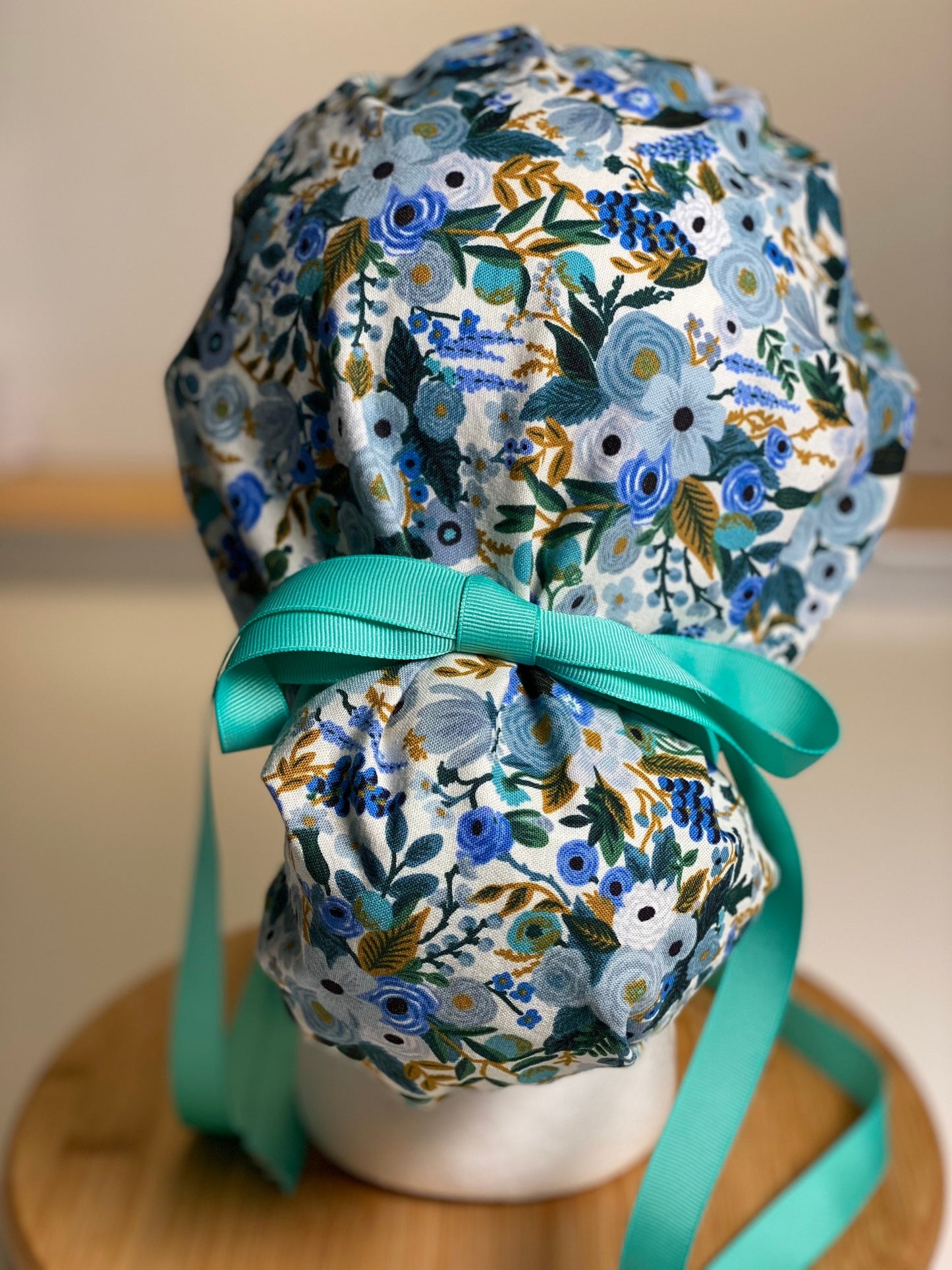 Petite blue garden party scrub hat, blue floral surgical cap, Bonnet Head Designs