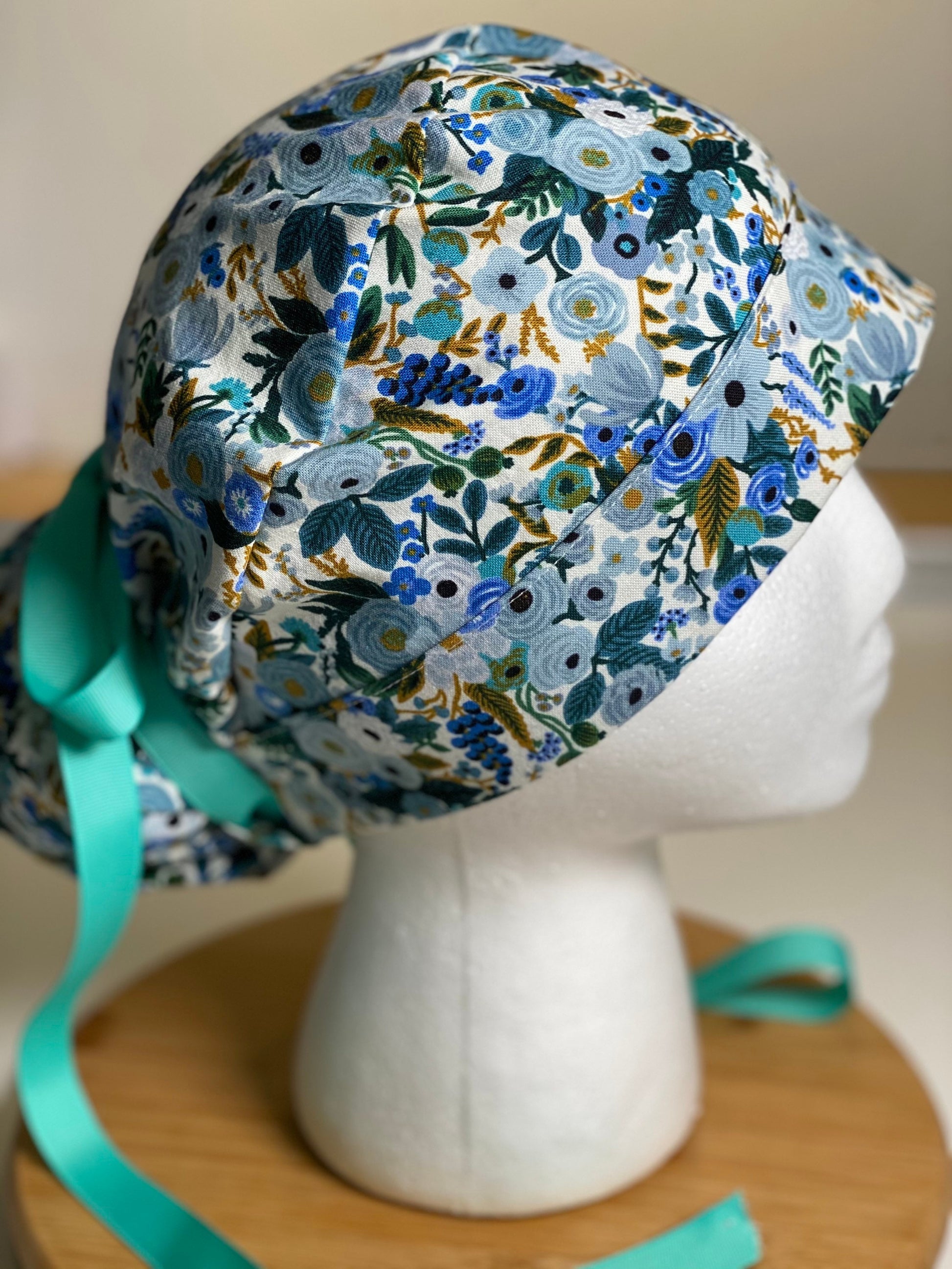 Petite blue garden party scrub hat, blue floral surgical cap, Bonnet Head Designs