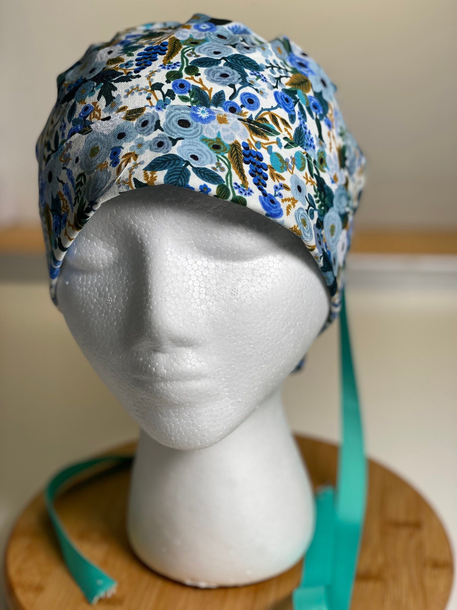 Petite blue garden party scrub hat, blue floral surgical cap, Bonnet Head Designs