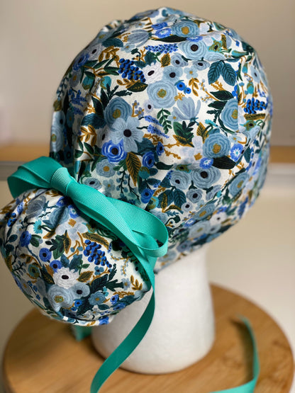 Petite blue garden party scrub hat, blue floral surgical cap, Bonnet Head Designs