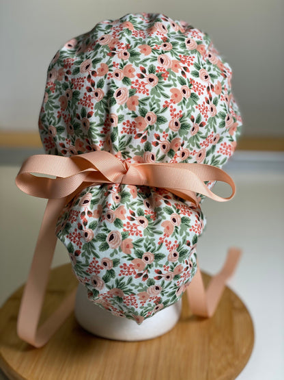 pink floral scrub hat, rifle paper co rosa blush fabric ponytail surgical hat, Bonnet Head Designs