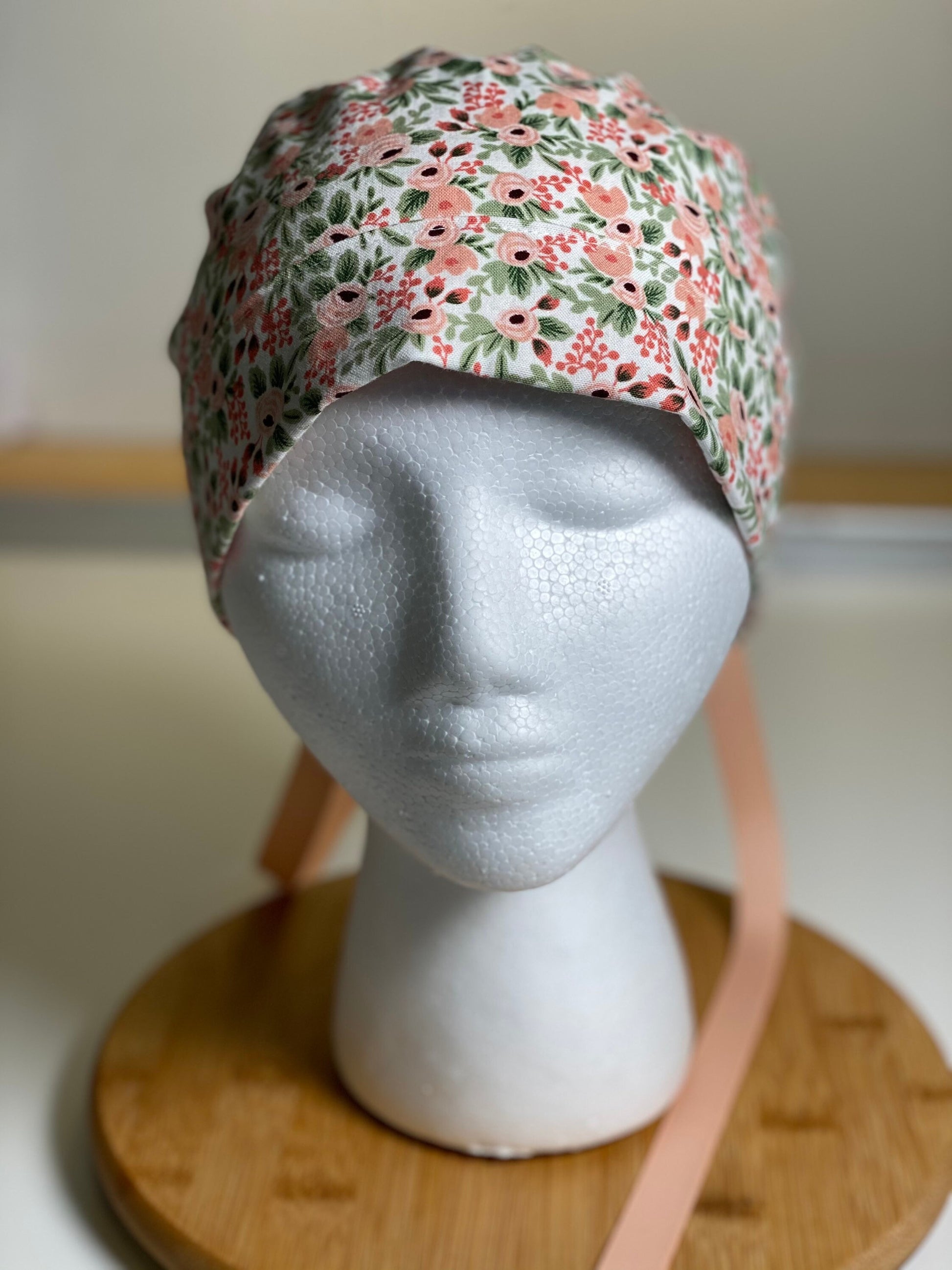 pink floral scrub hat, rifle paper co rosa blush fabric ponytail surgical hat, Bonnet Head Designs