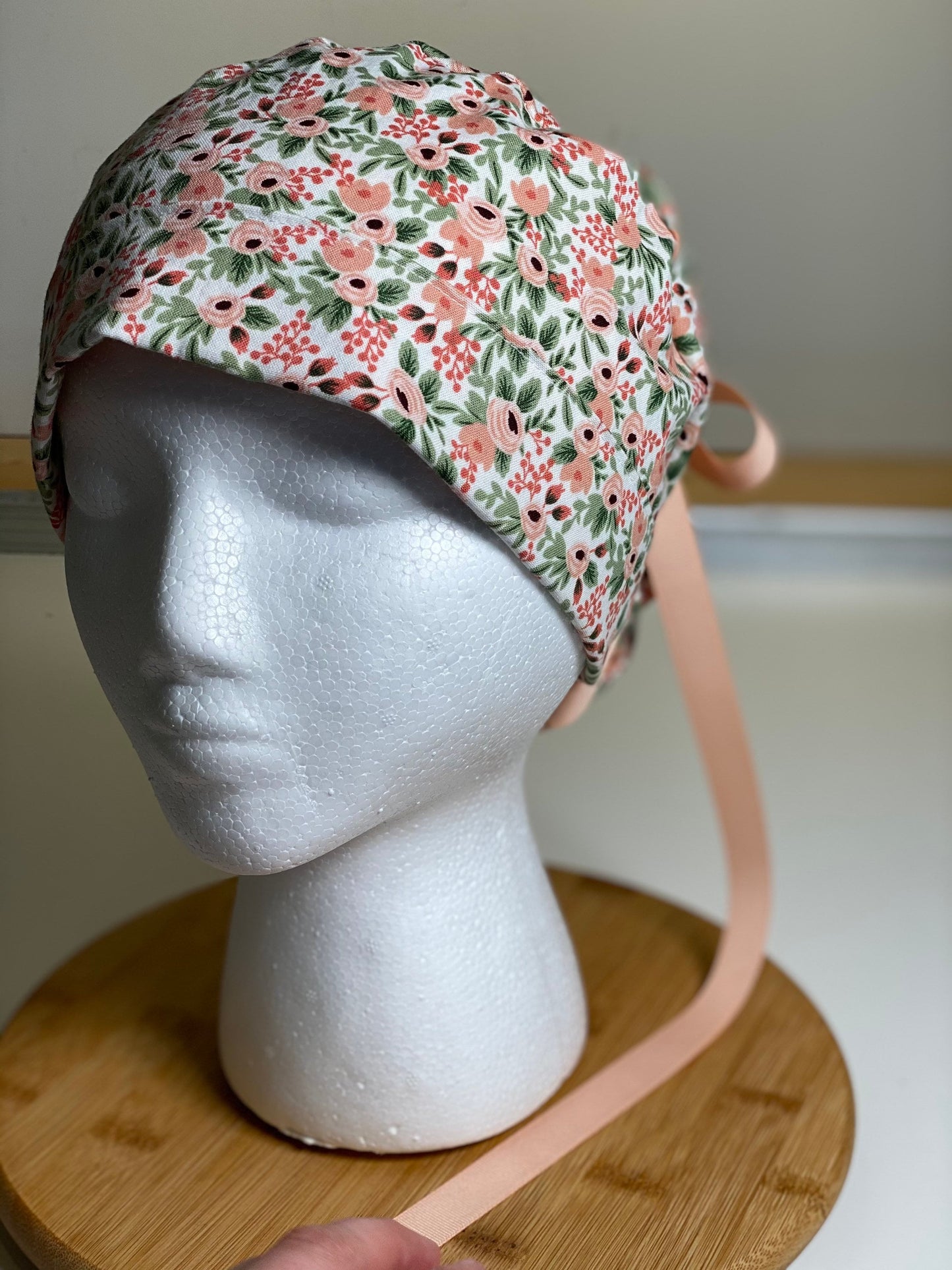 pink floral scrub hat, rifle paper co rosa blush fabric ponytail surgical hat, Bonnet Head Designs