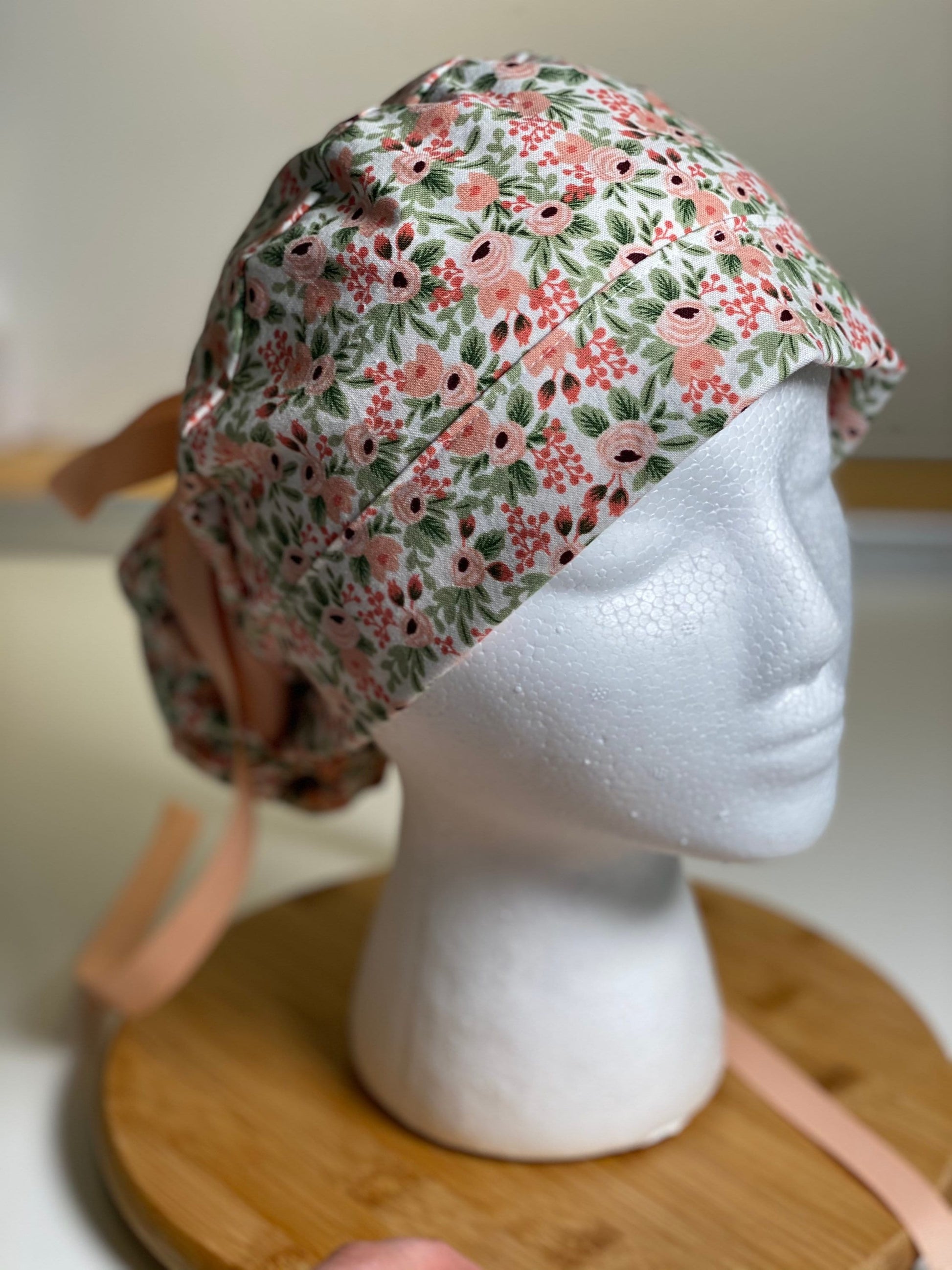 pink floral scrub hat, rifle paper co rosa blush fabric ponytail surgical hat, Bonnet Head Designs