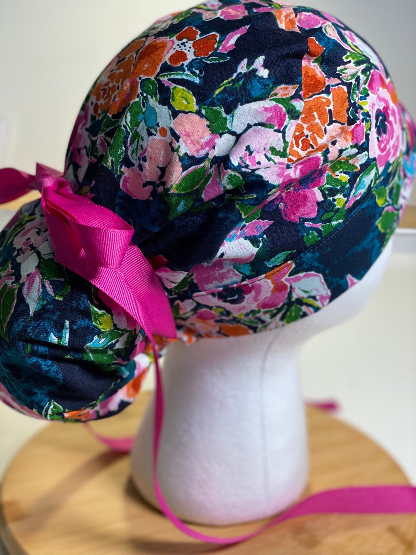 Botanist essay scrub hat, pink and navy floral scrub cap, Bonnet Head Designs