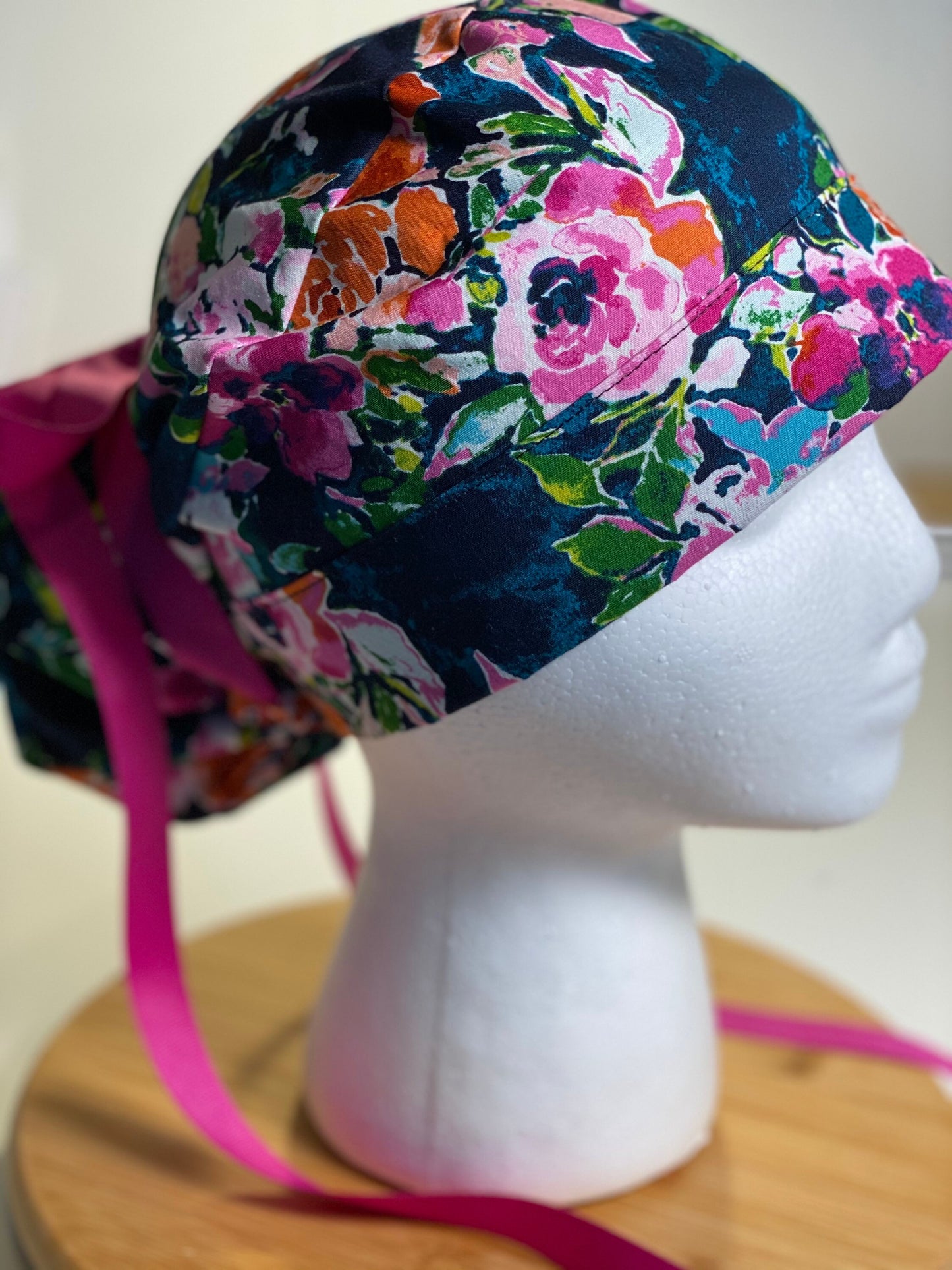 Botanist essay scrub hat, pink and navy floral scrub cap, Bonnet Head Designs