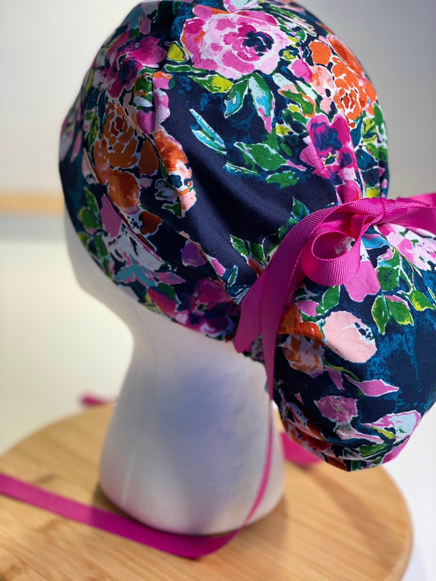 Botanist essay scrub hat, pink and navy floral scrub cap, Bonnet Head Designs