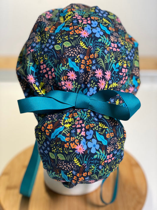 Navy meadow scrub cap, navy meadow with teal ribbon scrub hat, Bonnet Head Designs